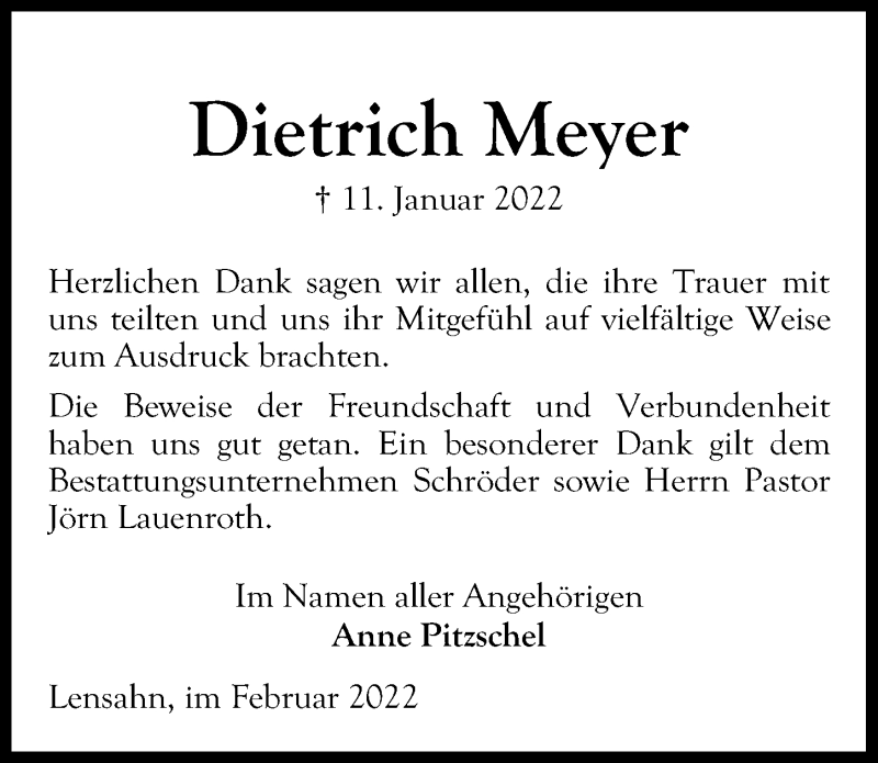  Traueranzeige für Dietrich Meyer vom 18.02.2022 aus Lübecker Nachrichten