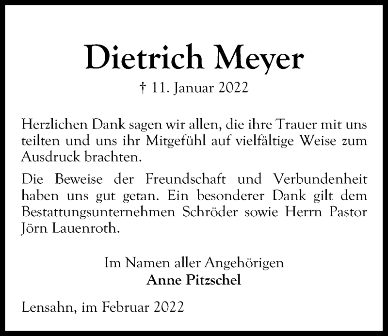  Traueranzeige für Dietrich Meyer vom 18.02.2022 aus Kieler Nachrichten