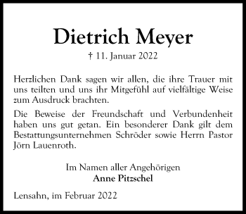 Traueranzeige von Dietrich Meyer von Lübecker Nachrichten