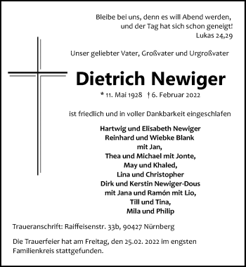 Traueranzeige von Dietrich Newiger von Lübecker Nachrichten