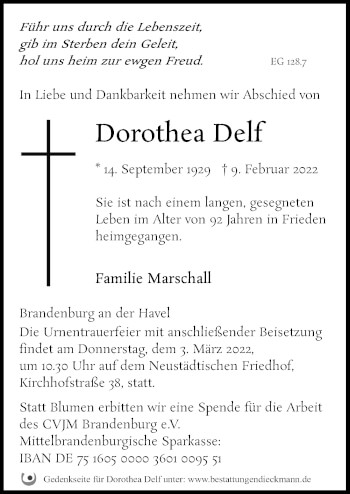 Traueranzeige von Dorothea Delf von Märkischen Allgemeine Zeitung