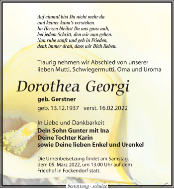 Traueranzeige von Dorothea Georgi von Leipziger Volkszeitung