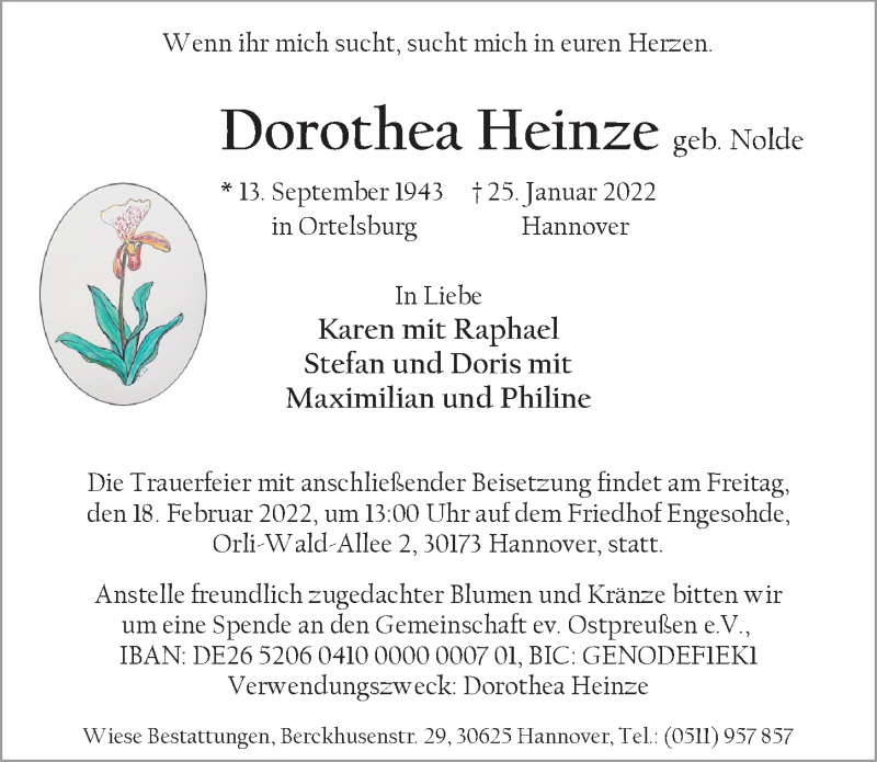  Traueranzeige für Dorothea Heinze vom 12.02.2022 aus Hannoversche Allgemeine Zeitung/Neue Presse