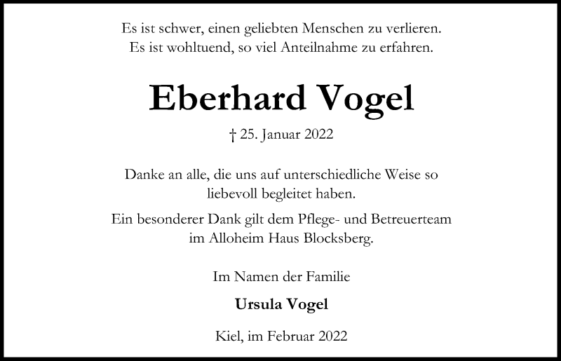  Traueranzeige für Eberhard Vogel vom 26.02.2022 aus Kieler Nachrichten