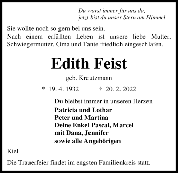 Traueranzeige von Edith Feist von Kieler Nachrichten