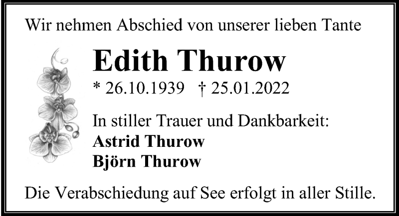  Traueranzeige für Edith Thurow vom 12.02.2022 aus Ostsee-Zeitung GmbH