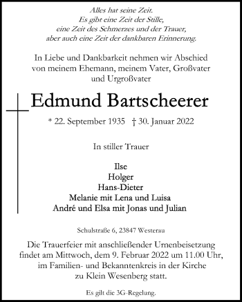 Traueranzeige von Edmund Bartscheerer von Lübecker Nachrichten