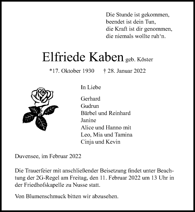  Traueranzeige für Elfriede Kaben vom 05.02.2022 aus Lübecker Nachrichten