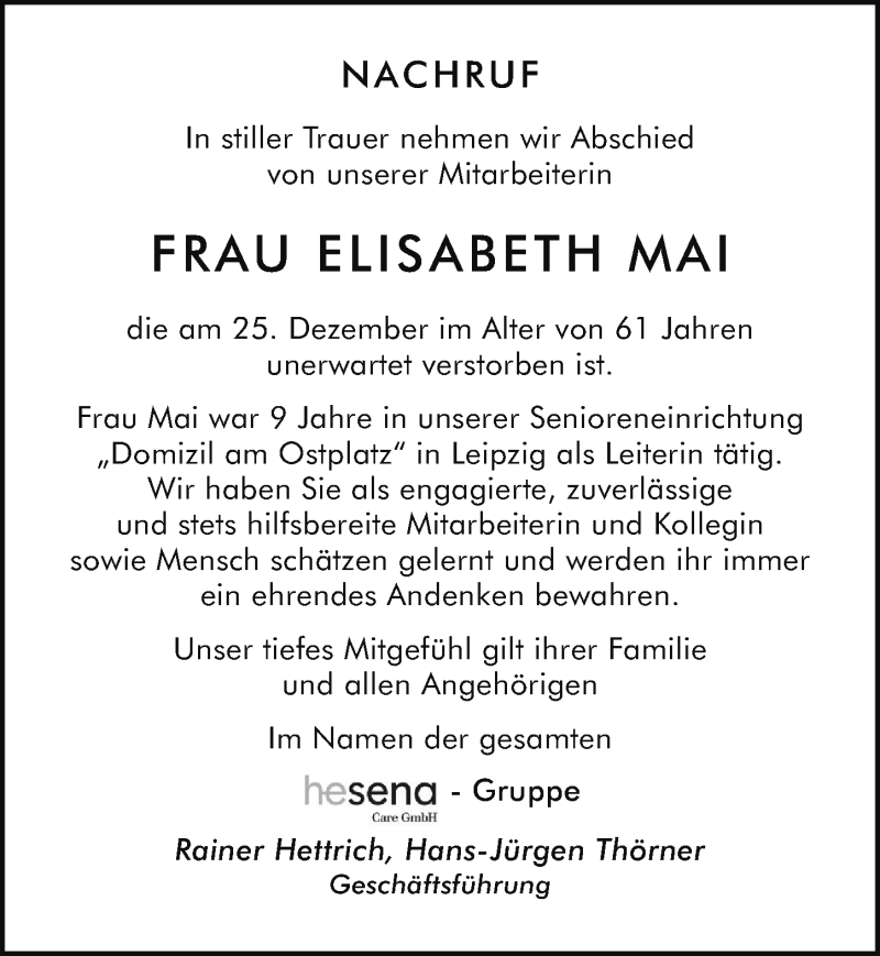  Traueranzeige für Elisabeth Mai vom 05.02.2022 aus Leipziger Volkszeitung