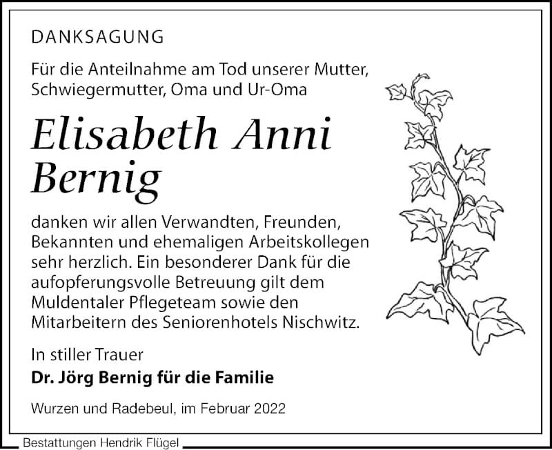  Traueranzeige für Elisabeth Anni Bernig vom 19.02.2022 aus Leipziger Volkszeitung