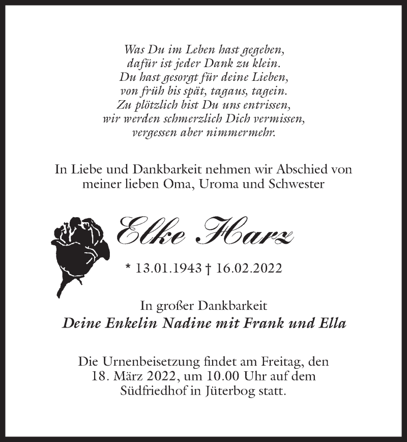  Traueranzeige für Elke Harz vom 26.02.2022 aus Märkischen Allgemeine Zeitung