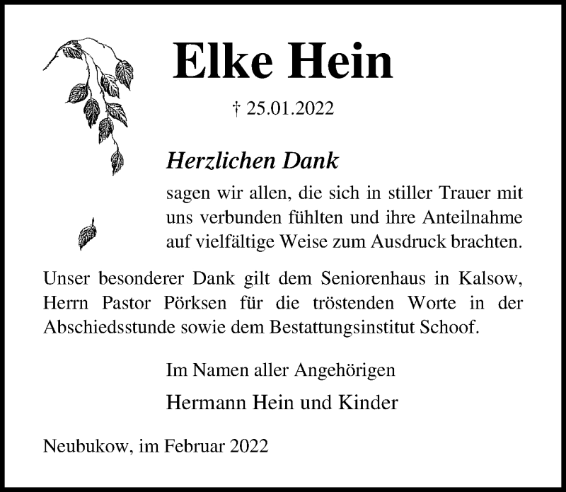  Traueranzeige für Elke Hein vom 19.02.2022 aus Ostsee-Zeitung GmbH