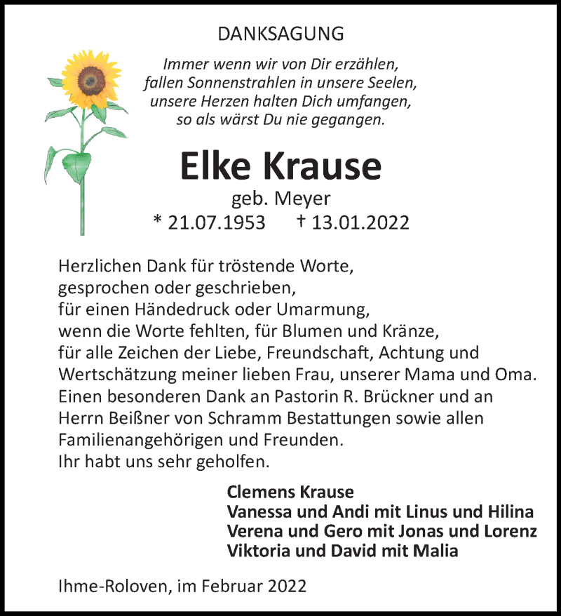  Traueranzeige für Elke Krause vom 19.02.2022 aus Hannoversche Allgemeine Zeitung/Neue Presse
