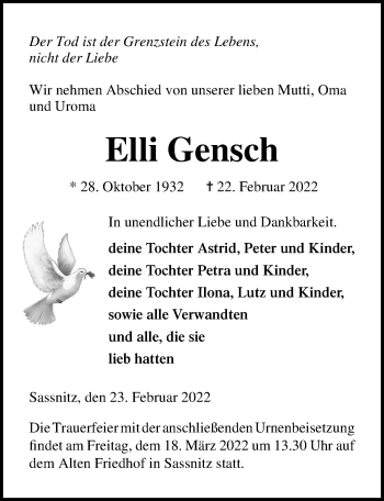 Traueranzeige von Elli Gensch von Ostsee-Zeitung GmbH