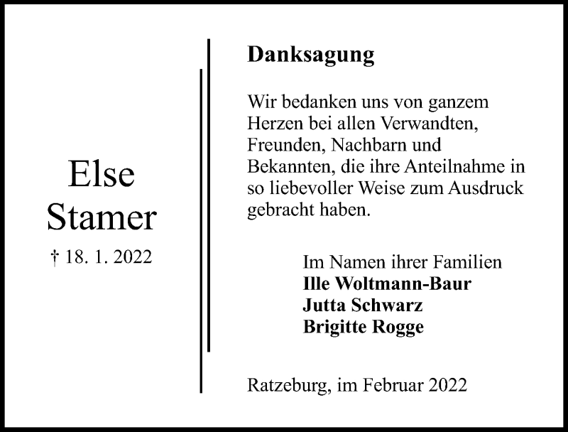  Traueranzeige für Else Stamer vom 12.02.2022 aus Lübecker Nachrichten