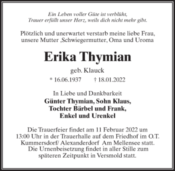 Traueranzeige von Erika Thymian von Märkischen Allgemeine Zeitung