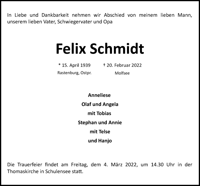  Traueranzeige für Felix Schmidt vom 26.02.2022 aus Kieler Nachrichten