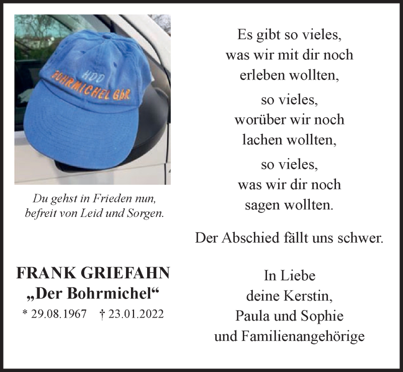  Traueranzeige für Frank Griefahn vom 19.02.2022 aus Ostsee-Zeitung GmbH