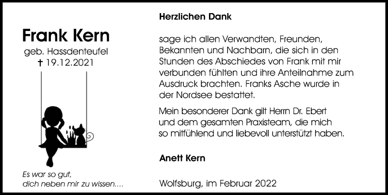  Traueranzeige für Frank Kern vom 11.02.2022 aus Aller Zeitung