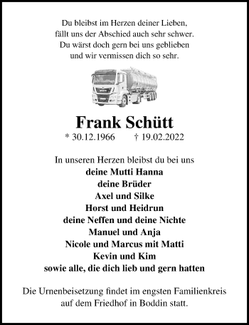 Traueranzeige von Frank Schütt von Märkischen Allgemeine Zeitung