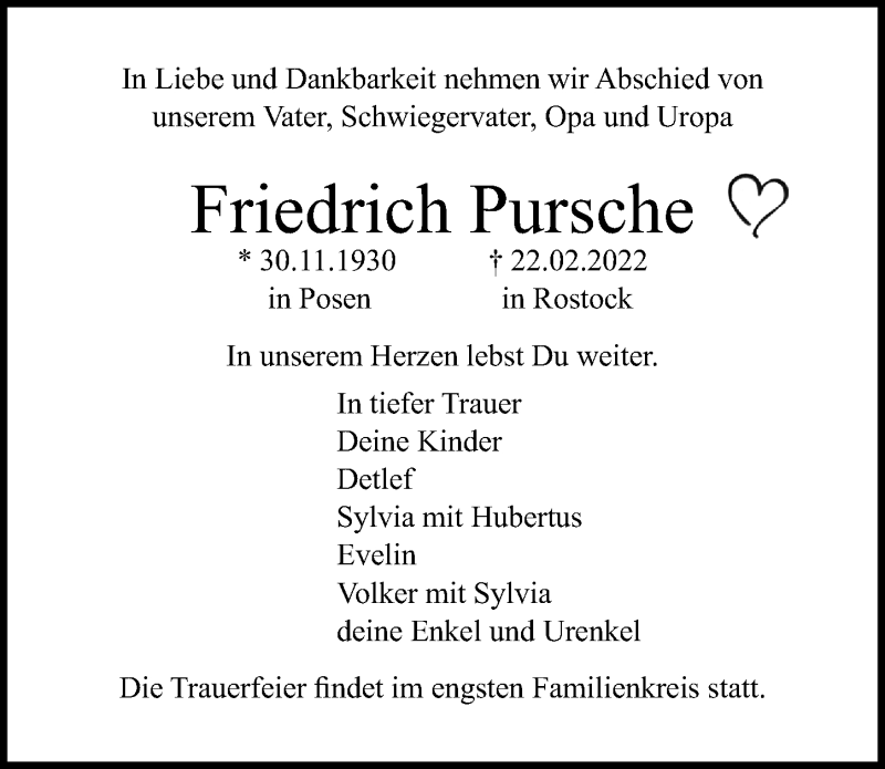  Traueranzeige für Friedrich Pursche vom 26.02.2022 aus Ostsee-Zeitung GmbH
