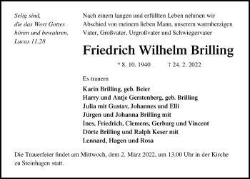 Traueranzeige von Friedrich Wilhelm Brilling von Ostsee-Zeitung GmbH