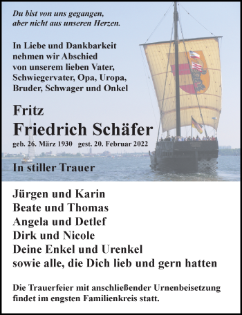 Traueranzeige von Fritz Friedrich Schäfer von Ostsee-Zeitung GmbH