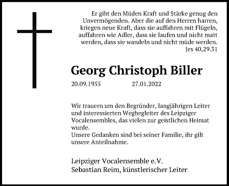  Traueranzeige für Georg Christoph Biller vom 03.02.2022 aus Leipziger Volkszeitung