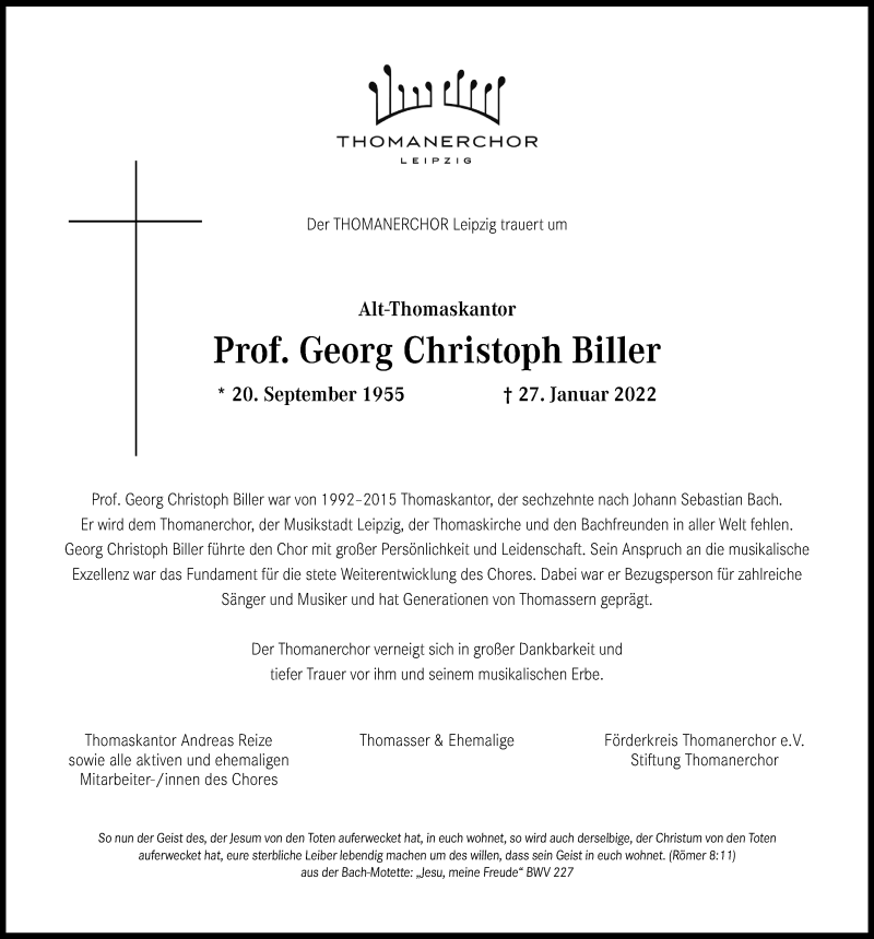  Traueranzeige für Georg Christoph Biller vom 01.02.2022 aus Leipziger Volkszeitung