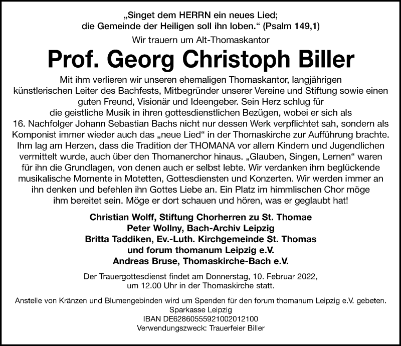  Traueranzeige für Georg Christoph Biller vom 05.02.2022 aus Leipziger Volkszeitung