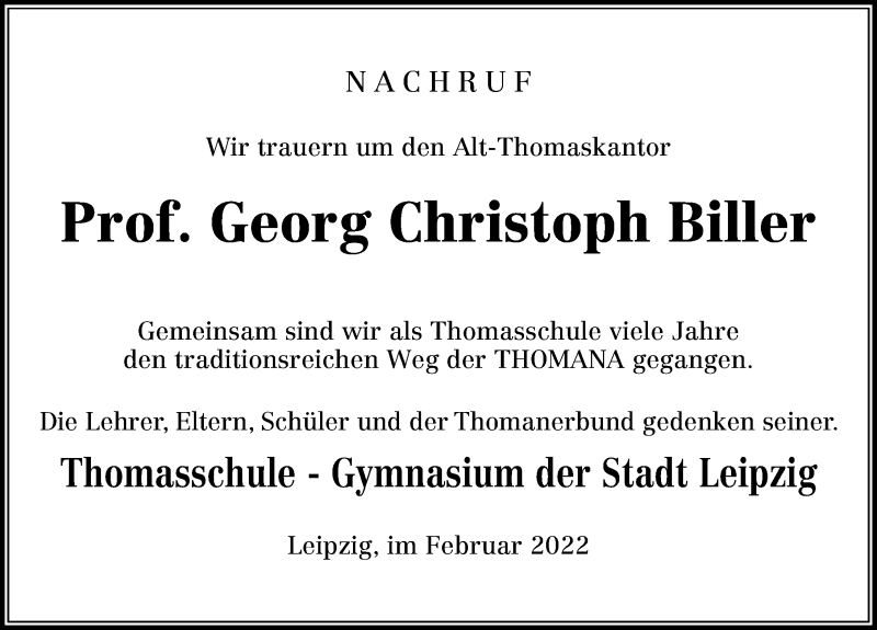  Traueranzeige für Georg Christoph Biller vom 09.02.2022 aus Leipziger Volkszeitung
