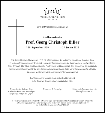 Traueranzeige von Georg Christoph Biller von Leipziger Volkszeitung