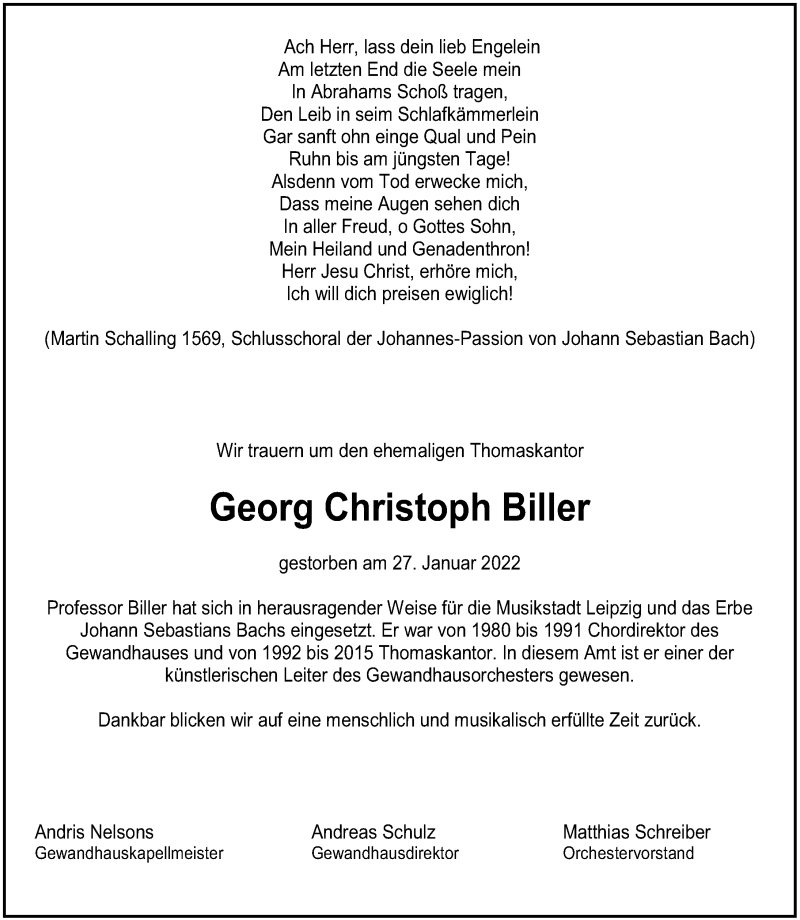  Traueranzeige für Georg Christoph Biller vom 01.02.2022 aus Leipziger Volkszeitung