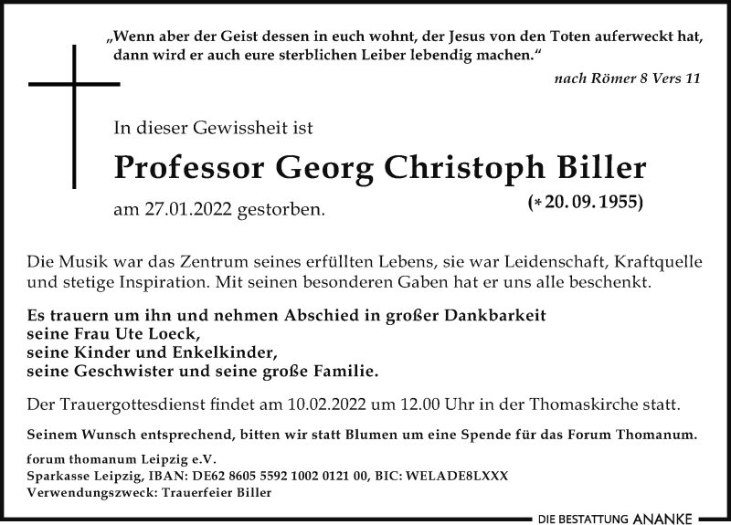  Traueranzeige für Georg Christoph Biller vom 05.02.2022 aus Leipziger Volkszeitung