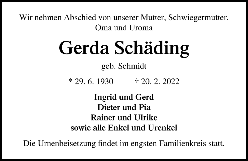  Traueranzeige für Gerda Schäding vom 27.02.2022 aus Lübecker Nachrichten