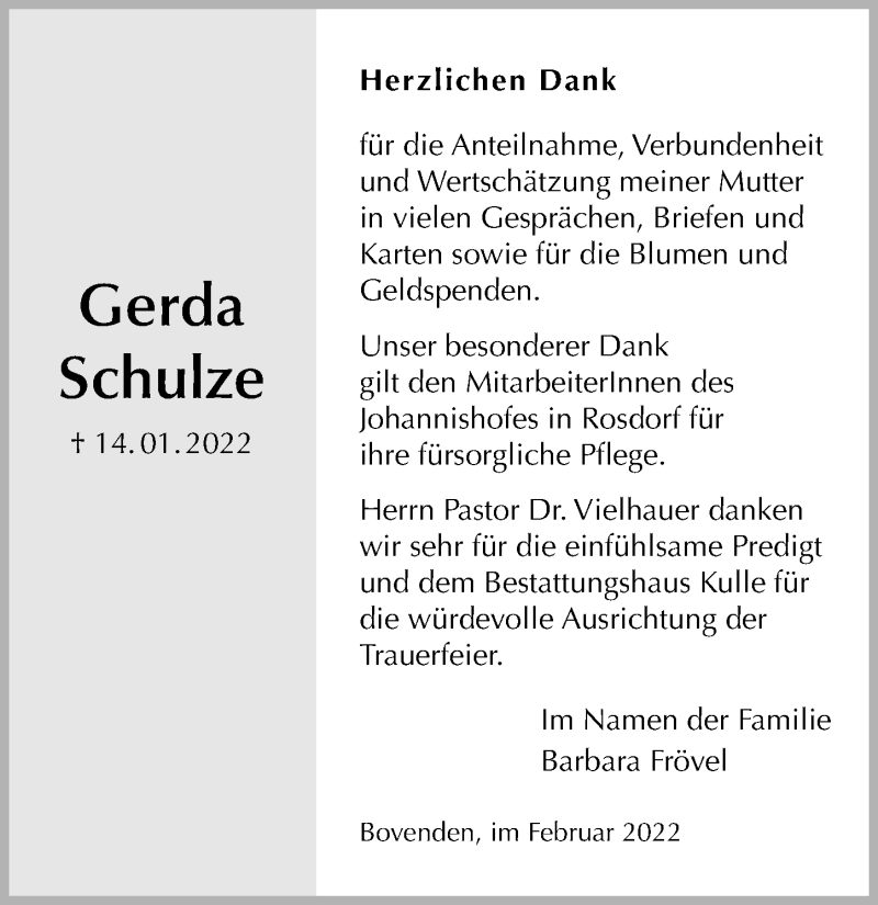  Traueranzeige für Gerda Schulze vom 12.02.2022 aus Göttinger Tageblatt