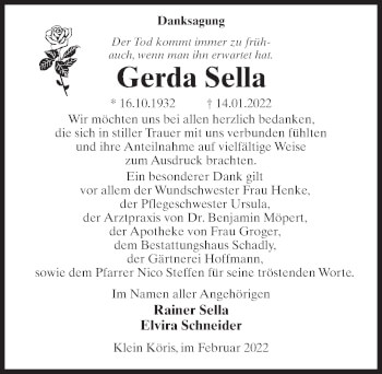 Traueranzeige von Gerda Sella von Märkischen Allgemeine Zeitung