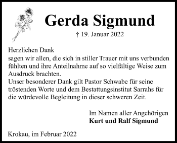 Traueranzeige von Gerda Sigmund von Kieler Nachrichten