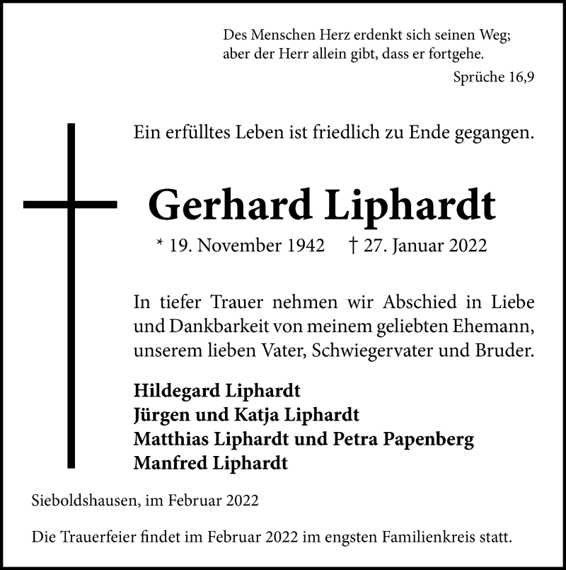  Traueranzeige für Gerhard Liphardt vom 05.02.2022 aus Göttinger Tageblatt