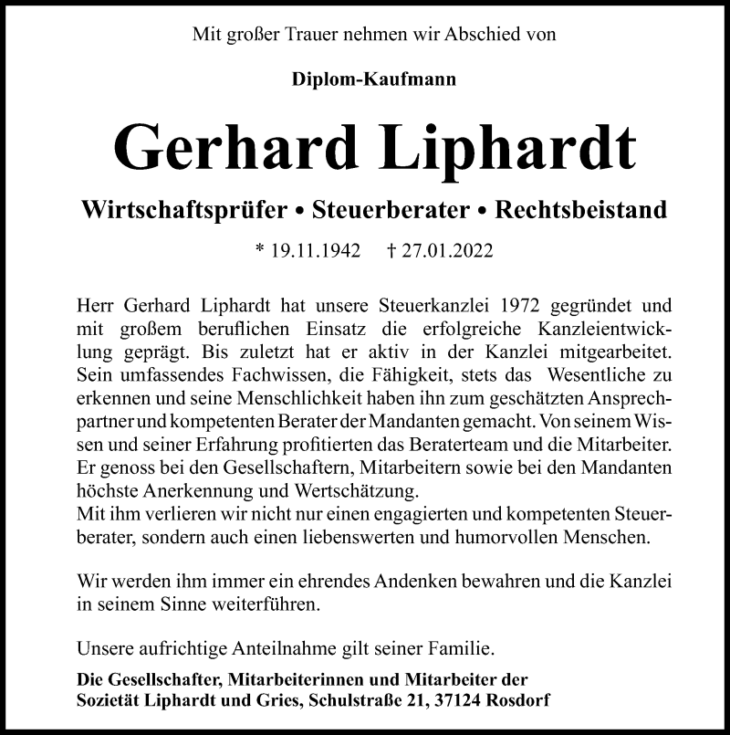  Traueranzeige für Gerhard Liphardt vom 05.02.2022 aus Göttinger Tageblatt