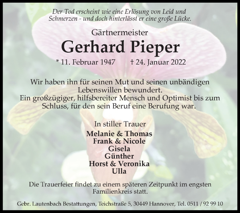  Traueranzeige für Gerhard Pieper vom 05.02.2022 aus Hannoversche Allgemeine Zeitung/Neue Presse