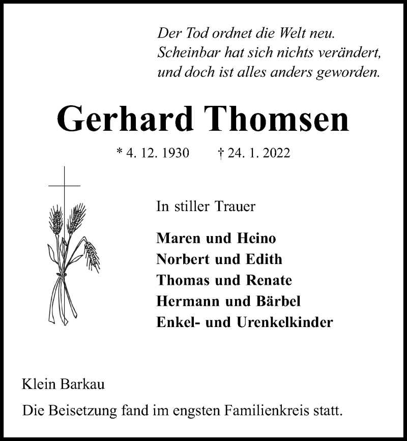  Traueranzeige für Gerhard Thomsen vom 05.02.2022 aus Kieler Nachrichten