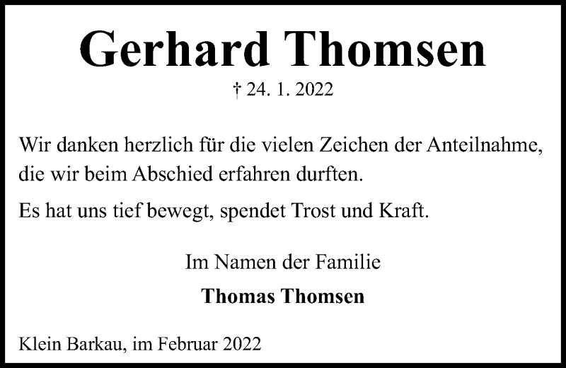 Traueranzeige für Gerhard Thomsen vom 19.02.2022 aus Kieler Nachrichten