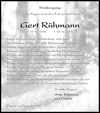 Traueranzeige von Gert Rühmann von Kieler Nachrichten