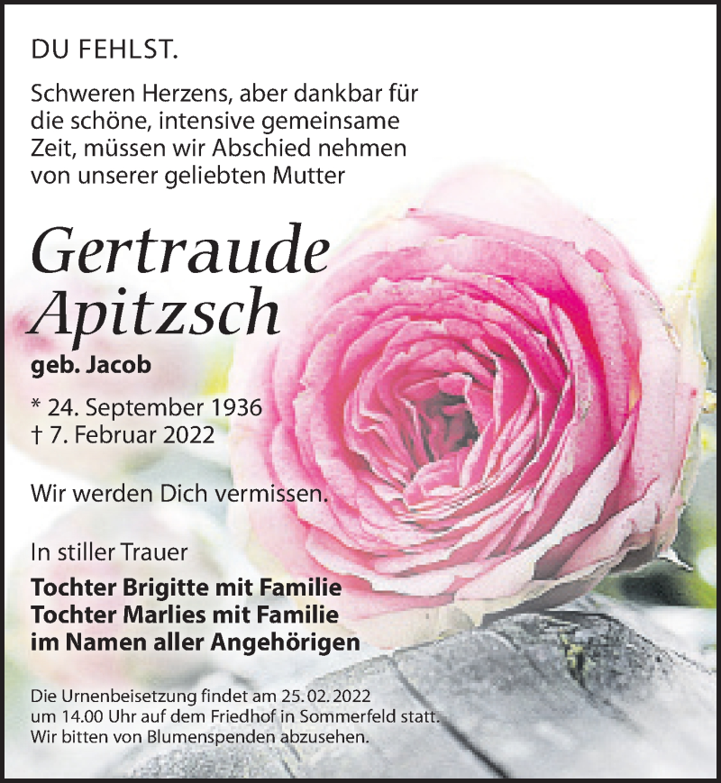  Traueranzeige für Gertraude Apitzsch vom 12.02.2022 aus Leipziger Volkszeitung