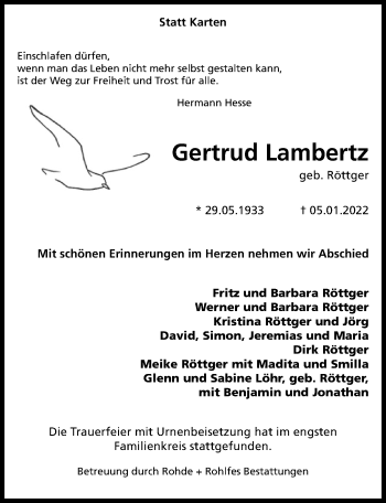 Traueranzeige von Gertrud Lambertz von Hannoversche Allgemeine Zeitung/Neue Presse