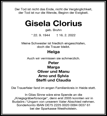 Traueranzeige von Gisela Clorius von Kieler Nachrichten
