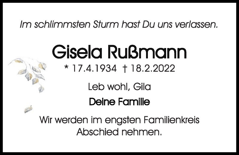  Traueranzeige für Gisela Rußmann vom 26.02.2022 aus Kieler Nachrichten