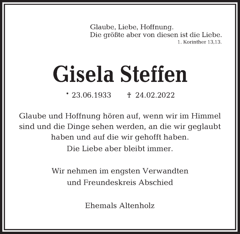  Traueranzeige für Gisela Steffen vom 26.02.2022 aus Kieler Nachrichten