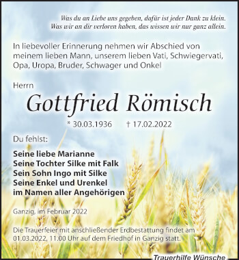 Traueranzeige von Gottfried Römisch von Leipziger Volkszeitung